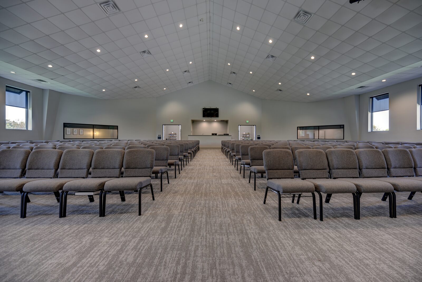 Sanctuary from the rear, looking back toward the foyer windows and serving counter