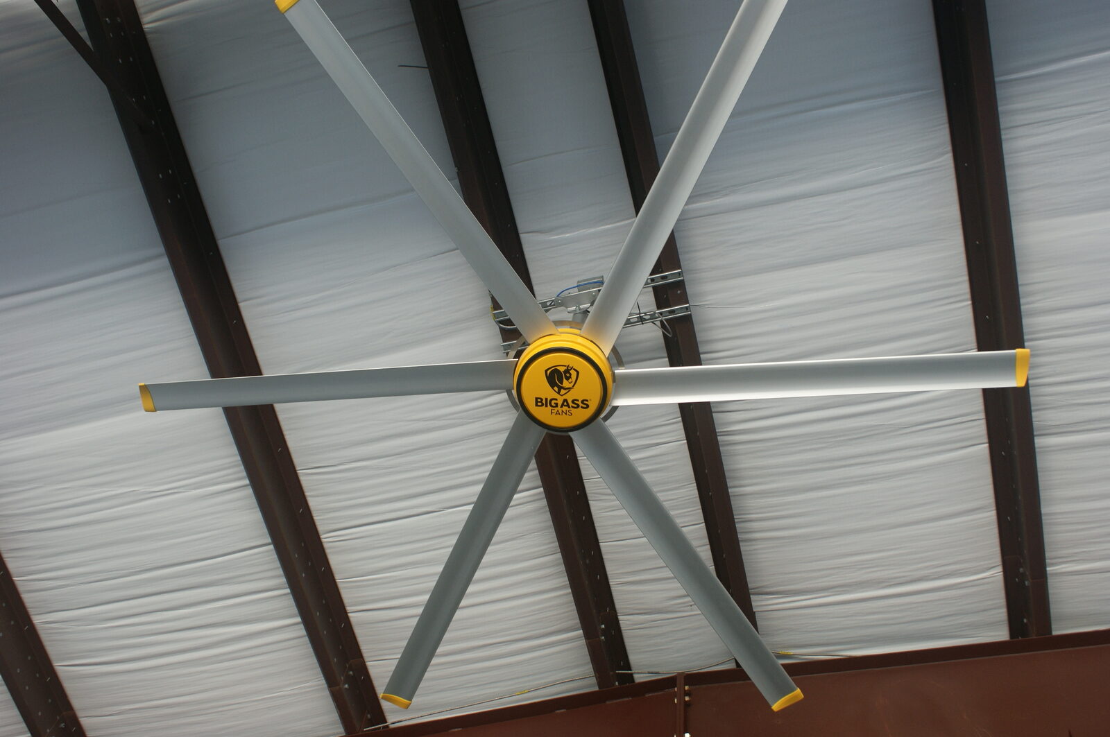 Interior showing a large diameter ceiling fan and insulated roof framing